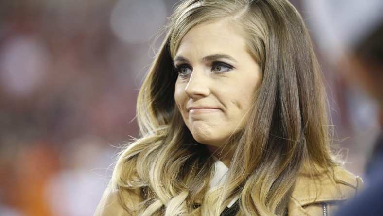 Jan 9, 2017; Tampa, FL, USA; ESPN sideline reporter Sam Ponder prior to the 2017 College Football Playoff National Championship Game between the Alabama Crimson Tide and the Clemson Tigers at Raymond James Stadium. Mandatory Credit: Kim Klement-USA TODAY Sports