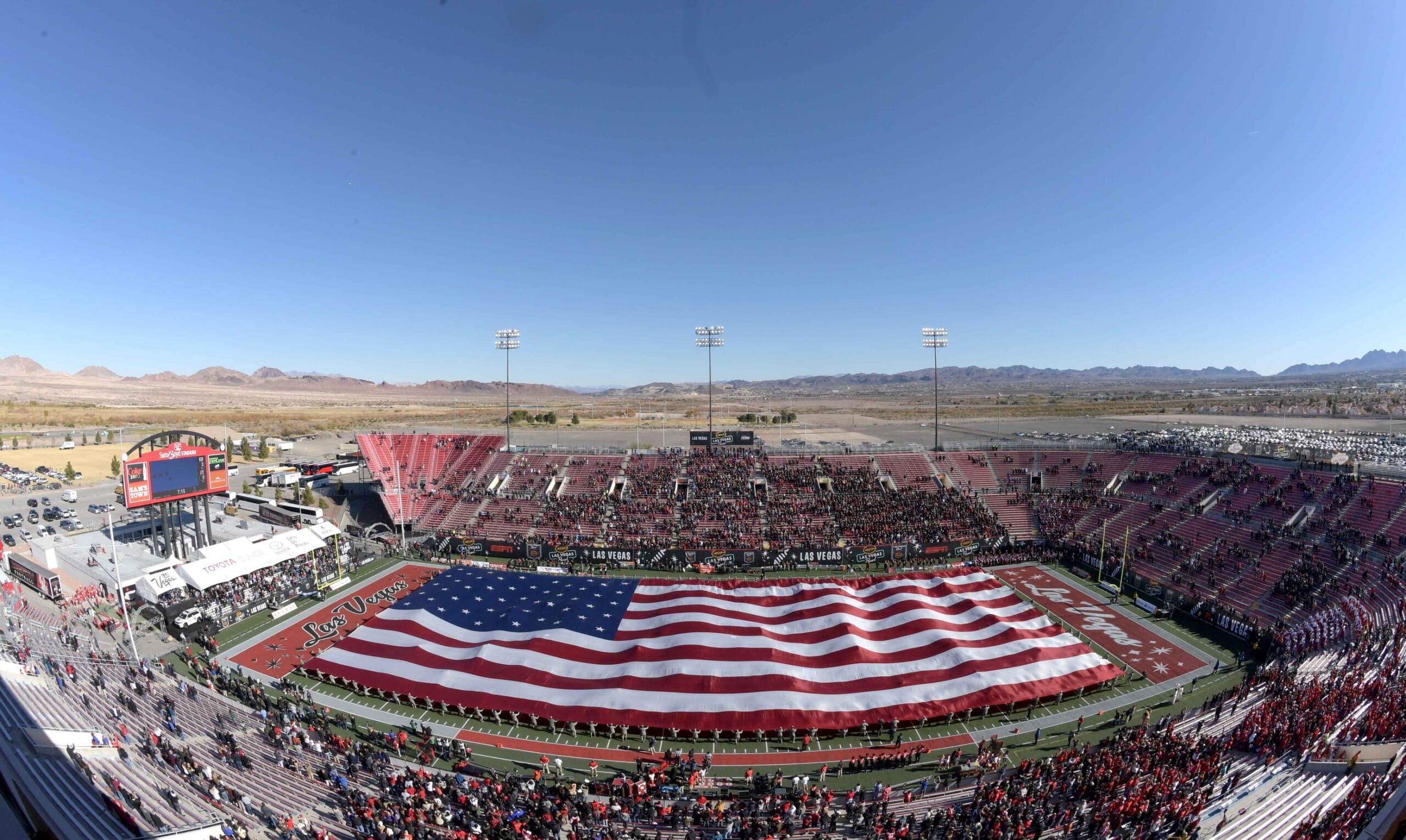 Dec 17, 2016; Las Vegas, NV, USA; A general view of a United States flag displayed at Sam Boyd Stadium during the national anthem prior to the 25th Las Vegas Bowl between the San Diego State Aztecs and the Houston Cougars. Mandatory Credit: Kirby Lee-USA TODAY Sports