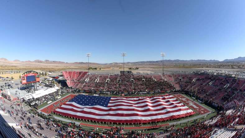 Dec 17, 2016; Las Vegas, NV, USA; A general view of a United States flag displayed at Sam Boyd Stadium during the national anthem prior to the 25th Las Vegas Bowl between the San Diego State Aztecs and the Houston Cougars. Mandatory Credit: Kirby Lee-USA TODAY Sports