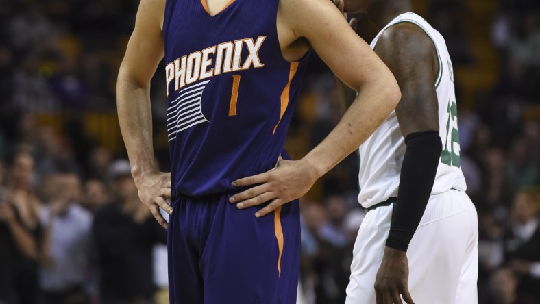 Caption: Mar 24, 2017; Boston, MA, USA; Phoenix Suns guard Devin Booker (1) during the second half against the Boston Celtics at TD Garden. Mandatory Credit: Bob DeChiara-USA TODAY Sports