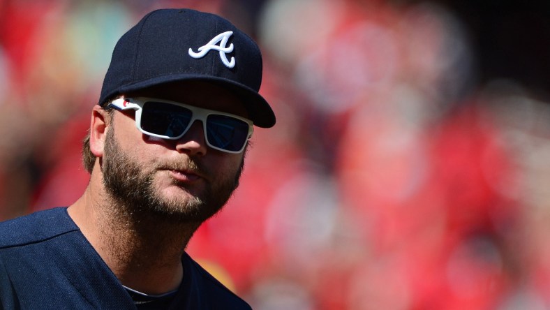 Aug 7, 2016; St. Louis, MO, USA; Atlanta Braves catcher A.J. Pierzynski (15) looks on as his team plays the St. Louis Cardinals during the seventh inning at Busch Stadium. The Braves won 6-3. Mandatory Credit: Jeff Curry-USA TODAY Sports