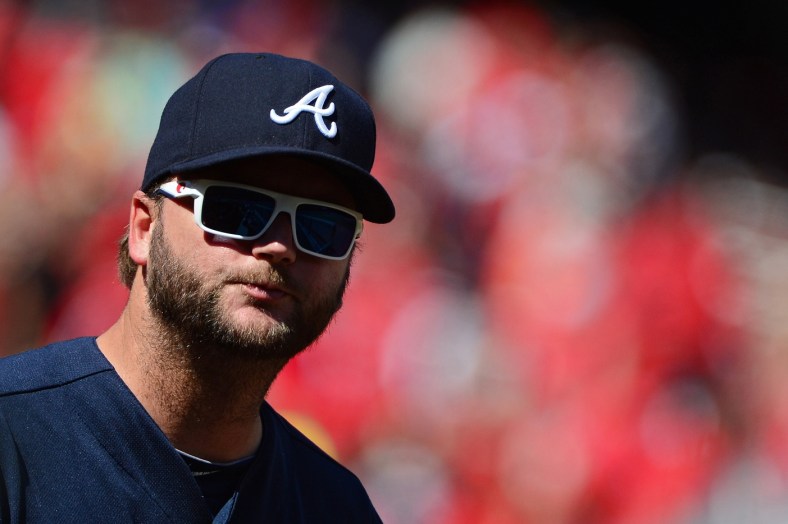 Aug 7, 2016; St. Louis, MO, USA; Atlanta Braves catcher A.J. Pierzynski (15) looks on as his team plays the St. Louis Cardinals during the seventh inning at Busch Stadium. The Braves won 6-3. Mandatory Credit: Jeff Curry-USA TODAY Sports