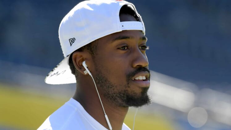 Dec 18, 2016; San Diego, CA, USA; Oakland Raiders wide punter Marquette King warms up before a game against the San Diego Chargers at Qualcomm Stadium. Mandatory Credit: Kirby Lee-USA TODAY Sports