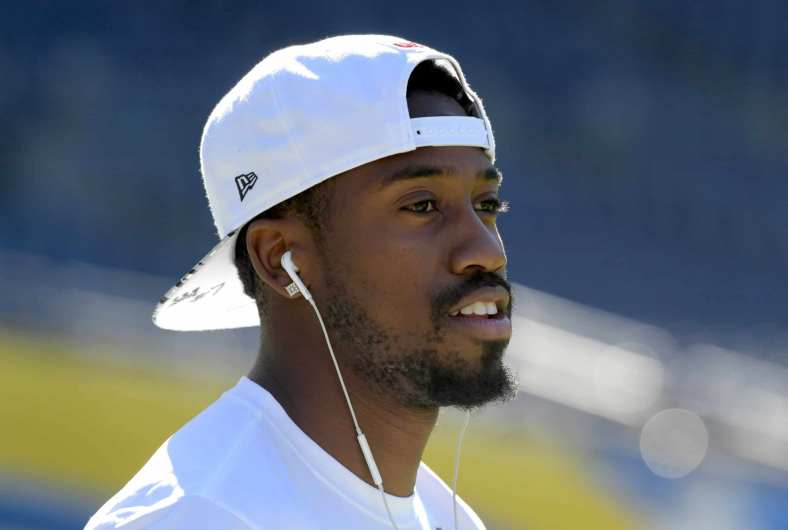Dec 18, 2016; San Diego, CA, USA; Oakland Raiders wide punter Marquette King warms up before a game against the San Diego Chargers at Qualcomm Stadium. Mandatory Credit: Kirby Lee-USA TODAY Sports