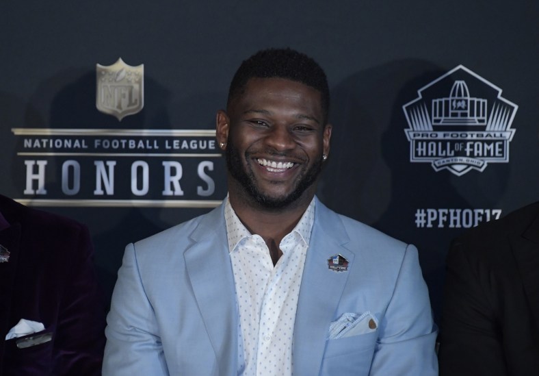 Caption: Feb 4, 2017; Houston, TX, USA; NFL former player LaDainian Tomlinson speaks with the media after being elected into the NFL Hall of Fame during the 6th Annual NFL Honors at Wortham Theater. Mandatory Credit: Kirby Lee-USA TODAY Sports