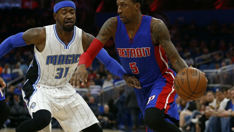 Mar 24, 2017; Orlando, FL, USA; Detroit Pistons guard Kentavious Caldwell-Pope (5) drives to the basket as Orlando Magic forward Terrence Ross (31) defends during the first quarter at Amway Center. Mandatory Credit: Kim Klement-USA TODAY Sports