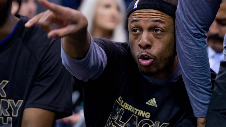 Feb 13, 2017; Salt Lake City, UT, USA; LA Clippers forward Paul Pierce (34) yells at Utah Jazz center Rudy Gobert (not pictured) from the bench area during the first half at Vivint Smart Home Arena. Mandatory Credit: Russ Isabella-USA TODAY Sports