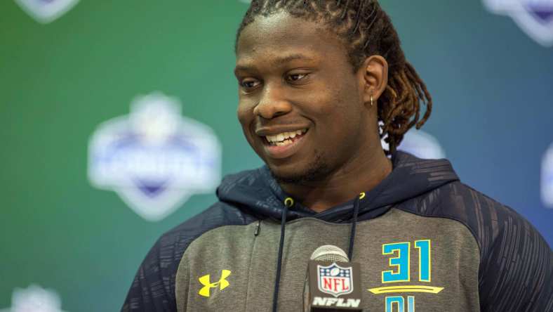 Mar 4, 2017; Indianapolis, IN, USA; UCLA defensive end Takkarist Mckinley speaks to the media during the 2017 combine at Indiana Convention Center. Mandatory Credit: Trevor Ruszkowski-USA TODAY Sports