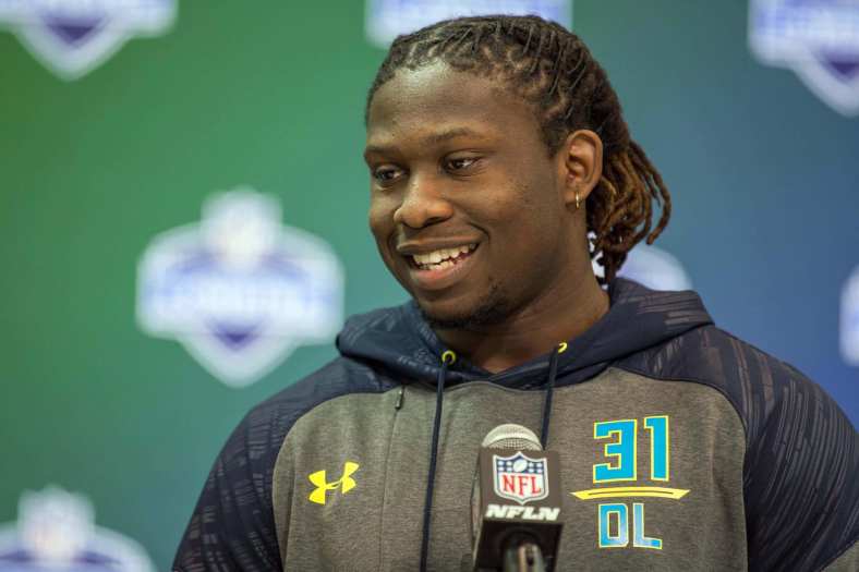 Mar 4, 2017; Indianapolis, IN, USA; UCLA defensive end Takkarist Mckinley speaks to the media during the 2017 combine at Indiana Convention Center. Mandatory Credit: Trevor Ruszkowski-USA TODAY Sports