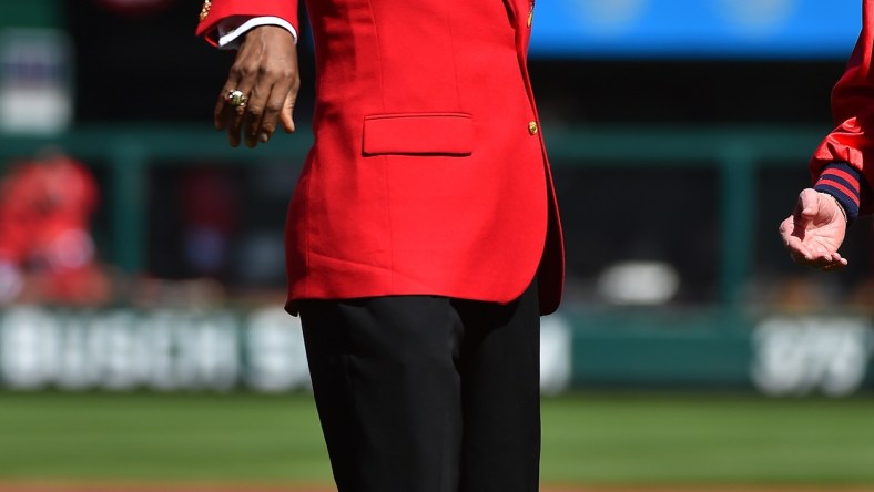 Apr 11, 2016; St. Louis, MO, USA; St. Louis Cardinals former player Lou Brock throws out a ceremonial first pitch before a game between the St. Louis Cardinals and the Milwaukee Brewers at Busch Stadium. Mandatory Credit: Jasen Vinlove-USA TODAY Sports