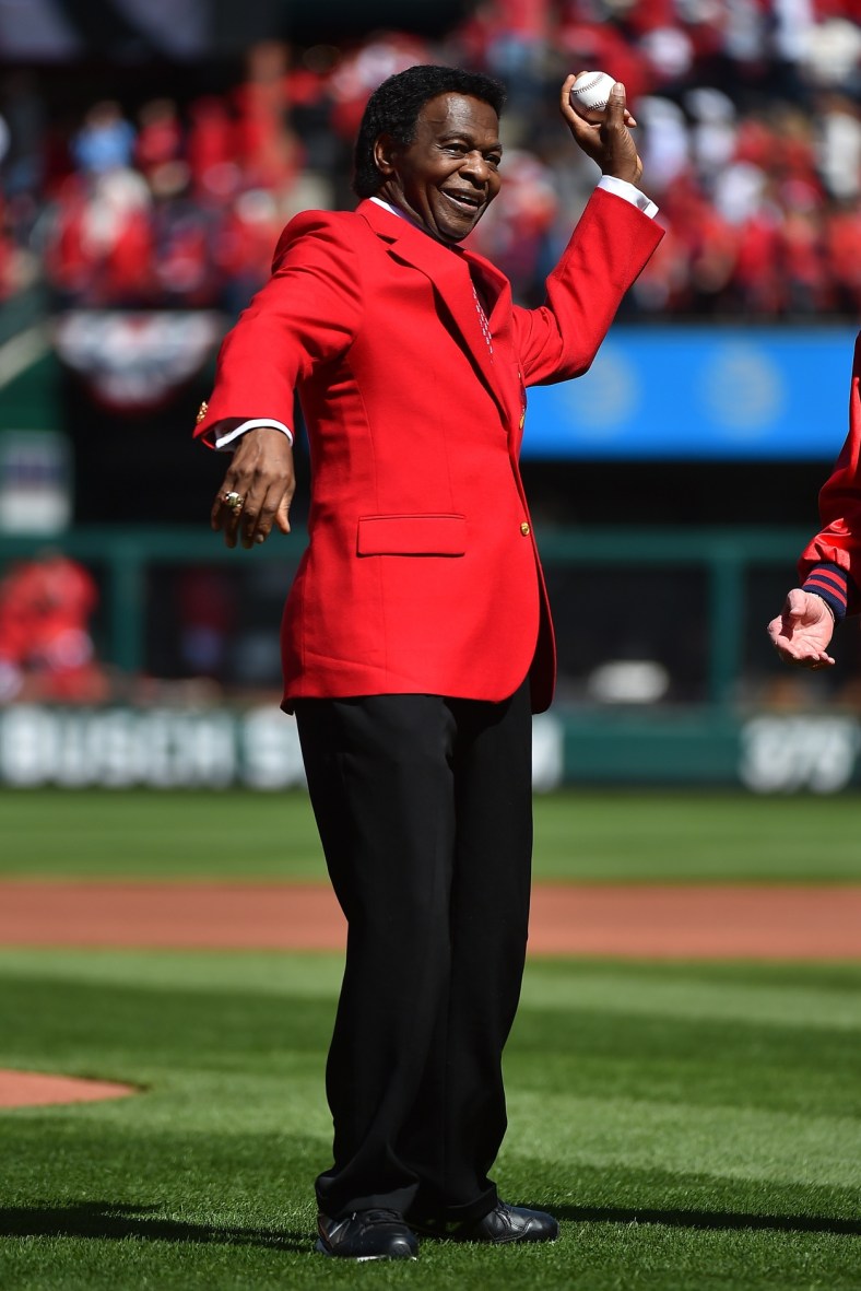 Apr 11, 2016; St. Louis, MO, USA; St. Louis Cardinals former player Lou Brock throws out a ceremonial first pitch before a game between the St. Louis Cardinals and the Milwaukee Brewers at Busch Stadium. Mandatory Credit: Jasen Vinlove-USA TODAY Sports