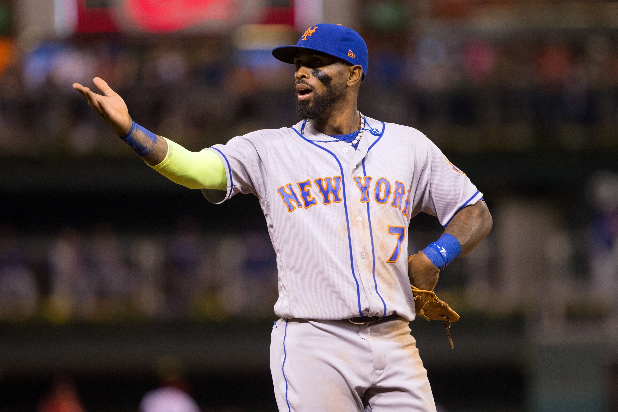 Caption: Apr 11, 2017; Philadelphia, PA, USA; New York Mets third baseman Jose Reyes (7) reacts with fans during a game against the Philadelphia Phillies at Citizens Bank Park. The New York Mets won 14-4. Mandatory Credit: Bill Streicher-USA TODAY Sports