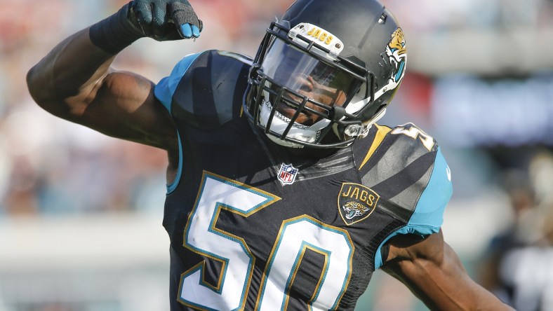 Nov 13, 2016; Jacksonville, FL, USA; Jacksonville Jaguars outside linebacker Telvin Smith (50) reacts to making a defensive stop against the Houston Texans during the second half of a football game at EverBank Field. The Texans won 24-21. Mandatory Credit: Reinhold Matay-USA TODAY Sports