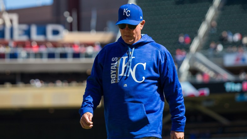 Apr 6, 2017; Minneapolis, MN, USA; Kansas City Royals manager Ned Yost walks back to the dugout in the sixth inning against the Minnesota Twins at Target Field. The Twins beat the Royals 5-3. Mandatory Credit: Brad Rempel-USA TODAY Sports