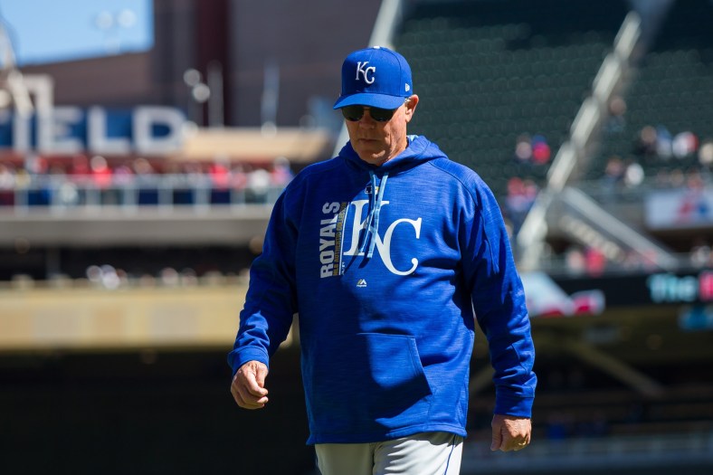 Apr 6, 2017; Minneapolis, MN, USA; Kansas City Royals manager Ned Yost walks back to the dugout in the sixth inning against the Minnesota Twins at Target Field. The Twins beat the Royals 5-3. Mandatory Credit: Brad Rempel-USA TODAY Sports