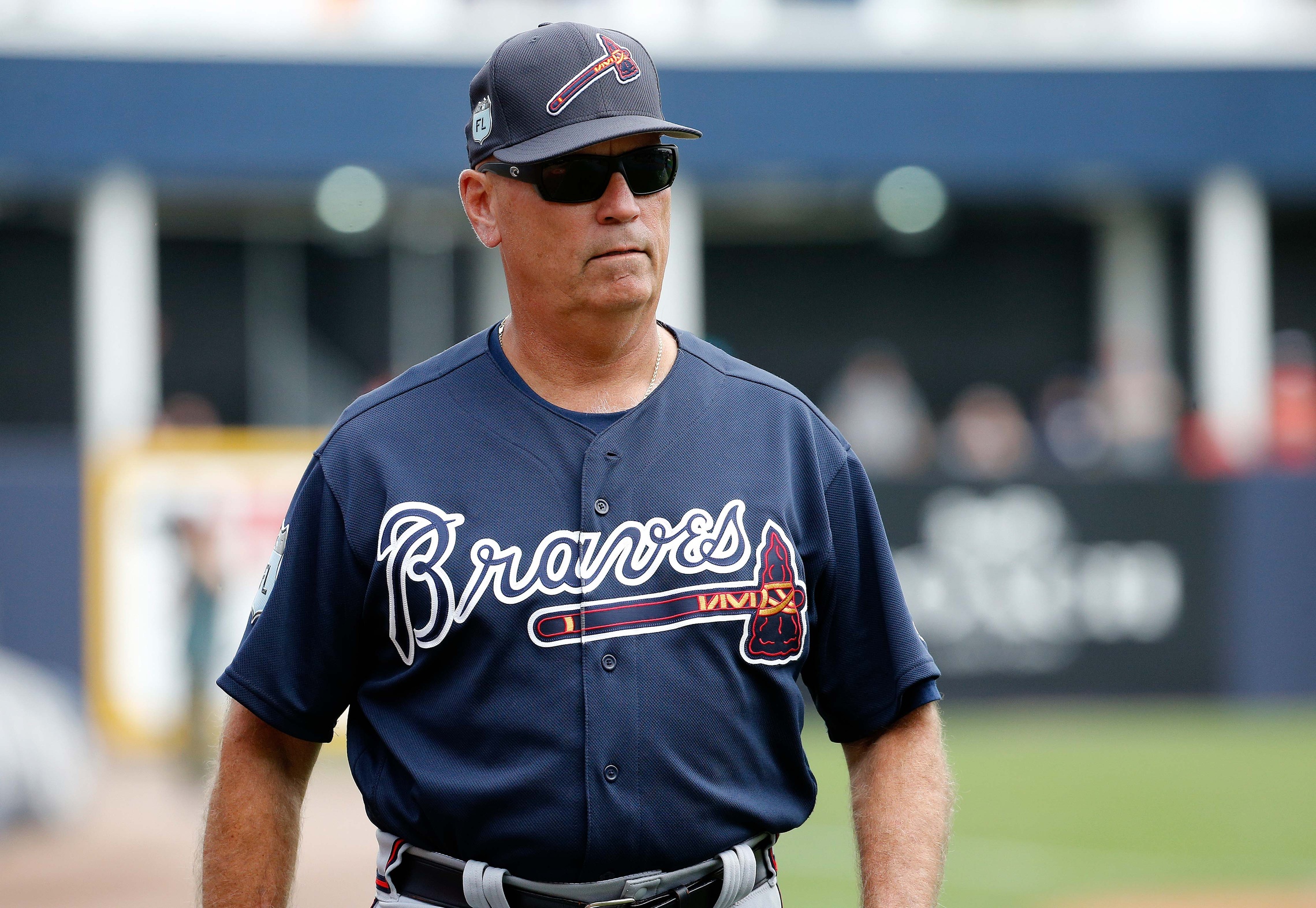 Mar 12, 2017; Tampa, FL, USA; Atlanta Braves manager Brian Snitker (43) prior to their spring training game against the New York Yankees at George M. Steinbrenner Field. Mandatory Credit: Kim Klement-USA TODAY Sports