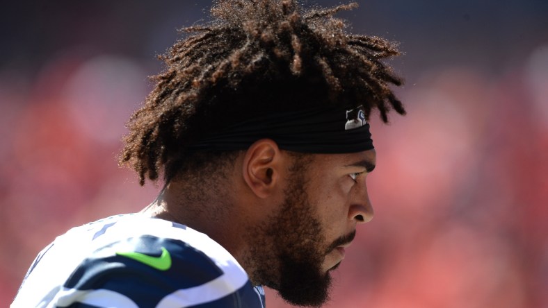 Caption: Aug 13, 2016; Kansas City, MO, USA; Seattle Seahawks tackle Garry Gilliam (79) before the game against the Kansas City Chiefs at Arrowhead Stadium. Seattle won the game 17-16. Mandatory Credit: John Rieger-USA TODAY Sports