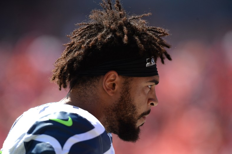 Caption: Aug 13, 2016; Kansas City, MO, USA; Seattle Seahawks tackle Garry Gilliam (79) before the game against the Kansas City Chiefs at Arrowhead Stadium. Seattle won the game 17-16. Mandatory Credit: John Rieger-USA TODAY Sports