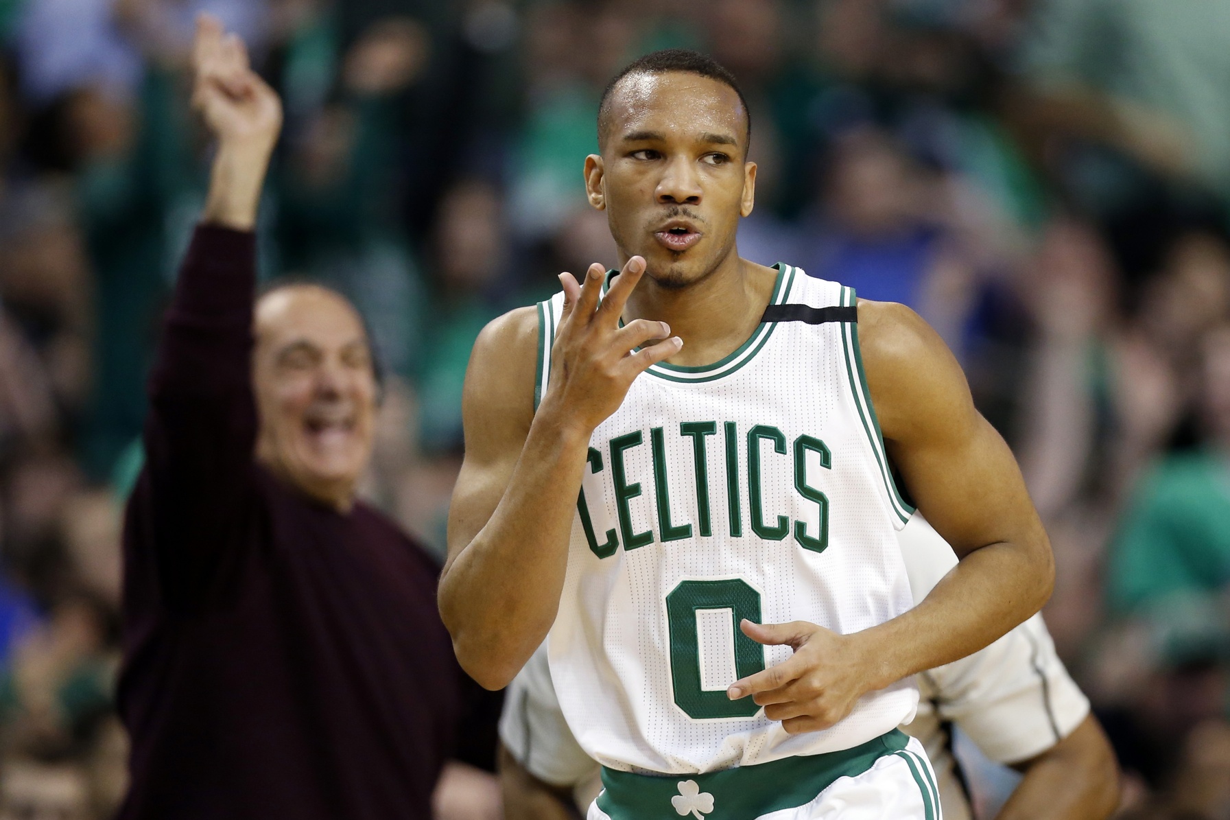 Apr 18, 2017; Boston, MA, USA; Boston Celtics guard Avery Bradley (0) reacts after making a three point basket during the first quarter in game two of the first round of the 2017 NBA Playoffs against the Chicago Bulls at TD Garden. Mandatory Credit: Greg M. Cooper-USA TODAY Sports