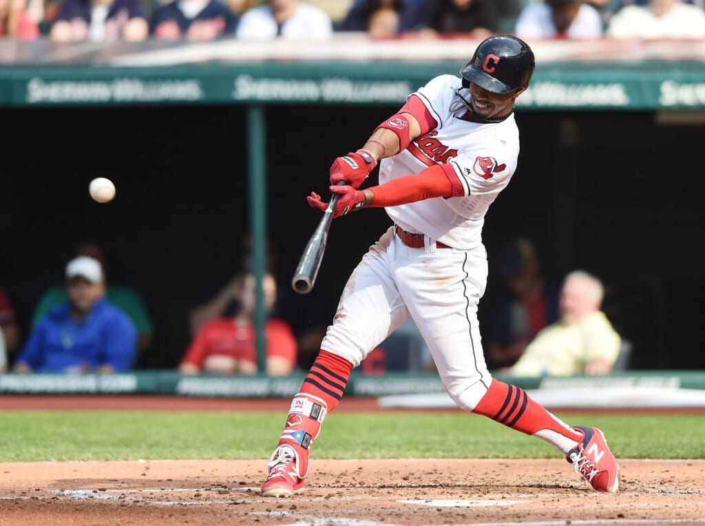 Apr 15, 2017; Cleveland, OH, USA; Cleveland Indians shortstop Francisco Lindor hits a single during the second inning against the Detroit Tigers at Progressive Field. Mandatory Credit: Ken Blaze-USA TODAY Sports