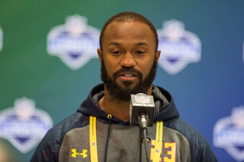 Mar 2, 2017; Indianapolis, IN, USA; Oklahoma running back Samaje Perine speaks to the media during the 2017 combine at Indiana Convention Center. Mandatory Credit: Trevor Ruszkowski-USA TODAY Sports