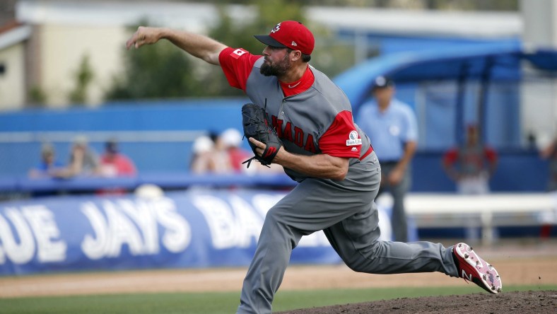 Mar 7, 2017; Dunedin, FL, USA;Canada pitcher Eric Gagne (38) throws a pitch during the third inning against the Toronto Blue Jays during the 2017 World Baseball Classic exhibition game at Florida Auto Exchange Stadium . Mandatory Credit: Kim Klement-USA TODAY Sports