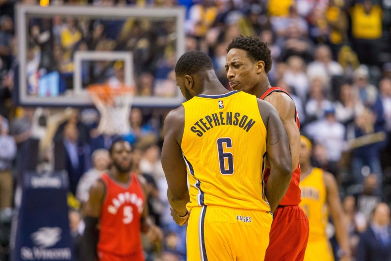 Caption: Apr 4, 2017; Indianapolis, IN, USA; Toronto Raptors guard DeMar DeRozan (10) gets into an altercation with Indiana Pacers guard Lance Stephenson (6) in the second half of the game at Bankers Life Fieldhouse. The Pacers beat the Raptors 108-90. Mandatory Credit: Trevor Ruszkowski-USA TODAY Sports