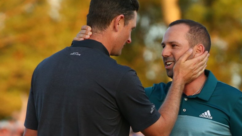 Justin Rose congratulating Sergio Garcia at the 2017 Masters