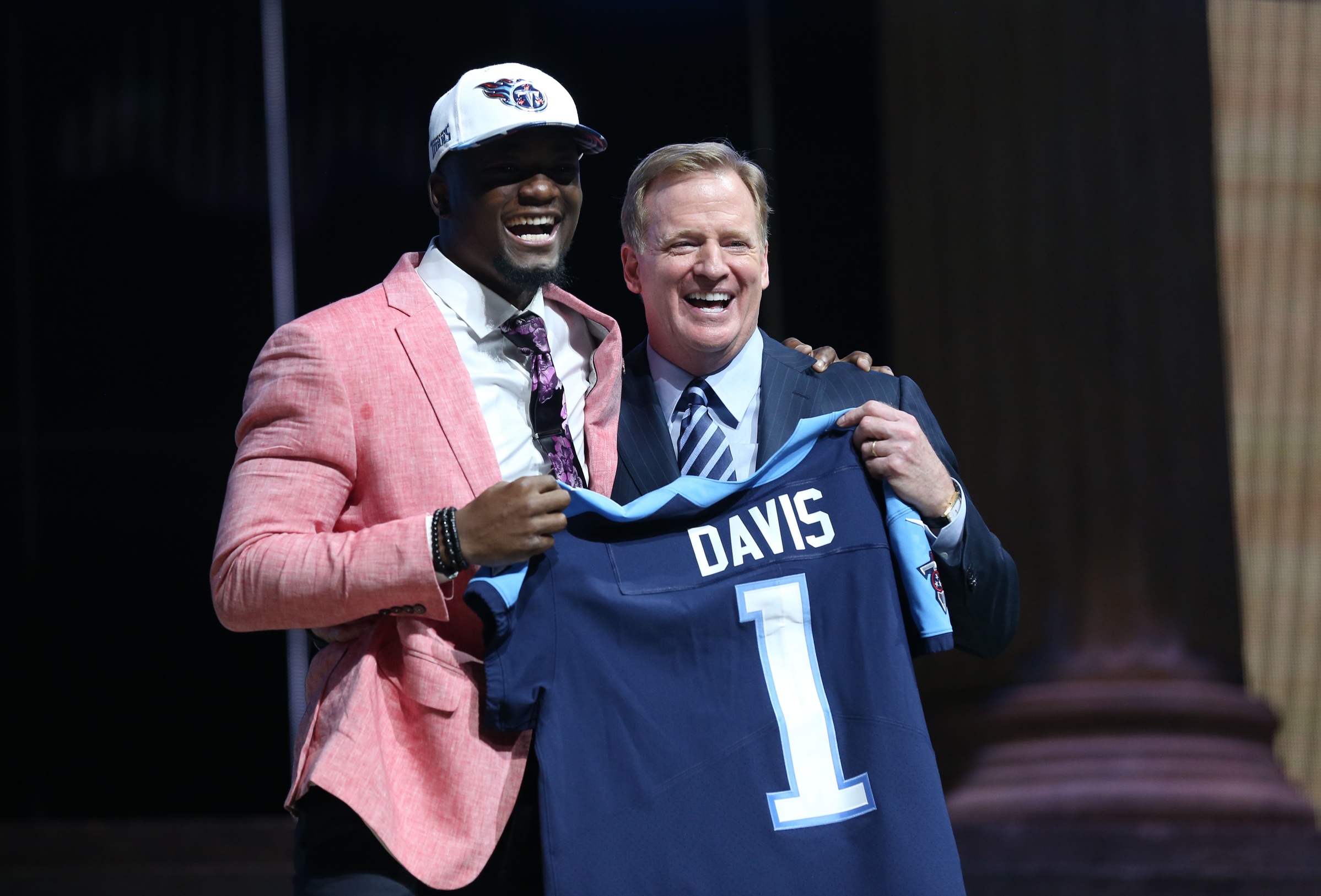 Apr 27, 2017; Philadelphia, PA, USA; Corey Davis (Western Michigan) poses with NFL commissioner Roger Goodell as he is selected as the number 5 overall pick to the Tennessee Titans in the first round the 2017 NFL Draft at Philadelphia Museum of Art. Mandatory Credit: Bill Streicher-USA TODAY Sports