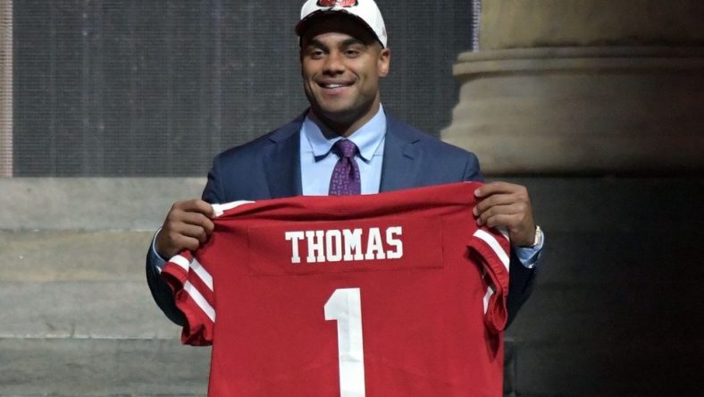 Apr 27, 2017; Philadelphia, PA, USA; Solomon Thomas (Stanford) is selected as the number 3 overall pick to the San Francisco 49ers in the first round the 2017 NFL Draft at the Philadelphia Museum of Art. Mandatory Credit: Kirby Lee-USA TODAY Sport
