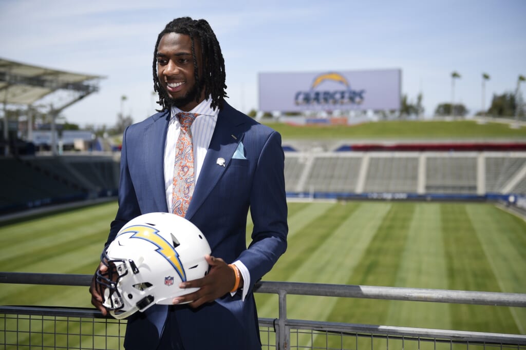 Apr 28, 2017; Los Angeles, CA, USA; Los Angeles Chargers first round pick Mike Williams poses for photos during a press conference at StubHub Center. Mandatory Credit: Kelvin Kuo-USA TODAY Sports