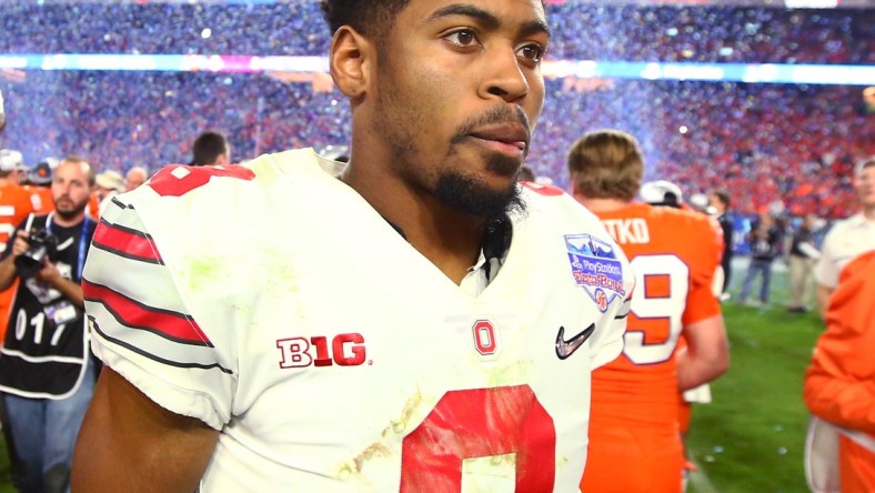 December 31, 2016; Glendale, AZ, USA; Ohio State Buckeyes cornerback Gareon Conley (8) against the Clemson Tigers in the the 2016 CFP semifinal at University of Phoenix Stadium. Mandatory Credit: Mark J. Rebilas-USA TODAY Sports