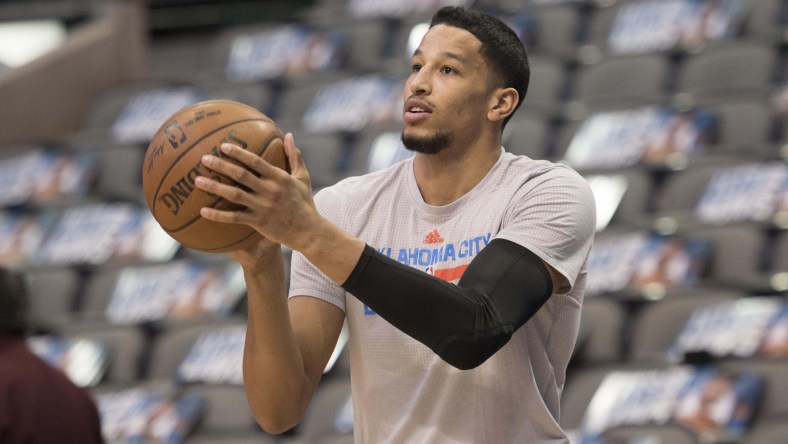 Mar 27, 2017; Dallas, TX, USA; Oklahoma City Thunder forward Andre Roberson (21) warms up prior to the game against the Dallas Mavericks at the American Airlines Center. Mandatory Credit: Jerome Miron-USA TODAY Sports