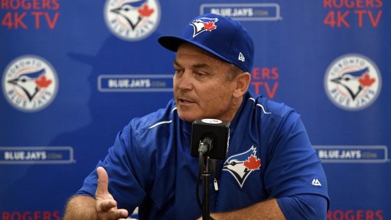 Apr 1, 2017; Montreal, Quebec, CAN; Toronto Blue Jays manager John Gibbons gives a press conference before the game against the Pittsburgh Pirates at Olympic Stadium. Mandatory Credit: Eric Bolte-USA TODAY Sports