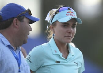 April 2, 2017; Rancho Mirage, CA, USA; Lexi Thompson reacts following her loss in playoff against So Yeon Ryu during the final round of the ANA Inspiration golf tournament at Mission Hills CC - Dinah Shore Tournament Cou. Mandatory Credit: Gary A. Vasquez-USA TODAY Sports