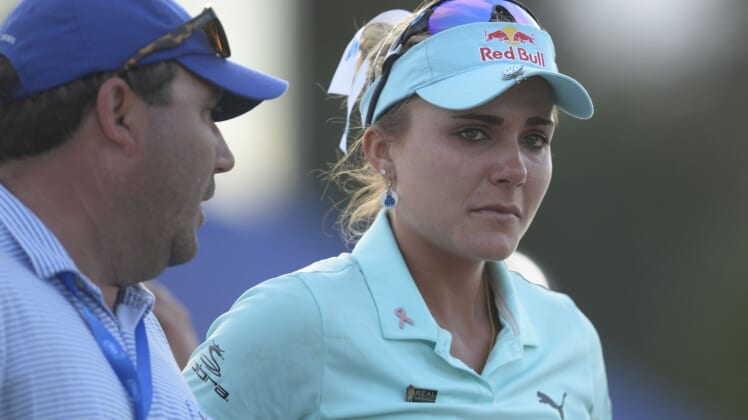 April 2, 2017; Rancho Mirage, CA, USA; Lexi Thompson reacts following her loss in playoff against So Yeon Ryu during the final round of the ANA Inspiration golf tournament at Mission Hills CC - Dinah Shore Tournament Cou. Mandatory Credit: Gary A. Vasquez-USA TODAY Sports