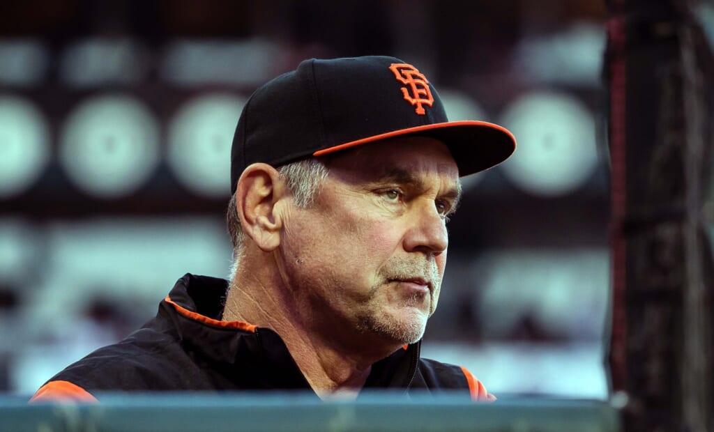 Caption: Apr 29, 2017; San Francisco, CA, USA; San Francisco Giants manager Bruce Bochy (15) in the dugout during the fifth inning against the San Diego Padres at AT&T Park. Mandatory Credit: Kelley L Cox-USA TODAY Sports