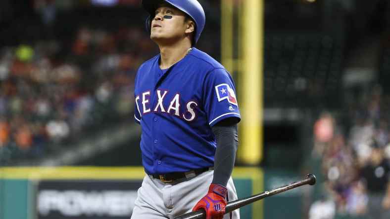 May 1, 2017; Houston, TX, USA; Texas Rangers designated hitter Shin-Soo Choo (17) reacts after striking out during the eighth inning against the Houston Astros at Minute Maid Park. Mandatory Credit: Troy Taormina-USA TODAY Sports