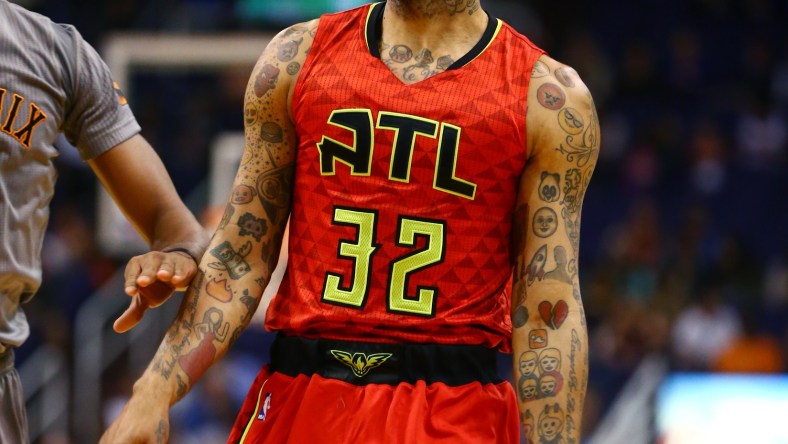 Nov 30, 2016; Phoenix, AZ, USA; Atlanta Hawks forward Mike Scott (32) against the Phoenix Suns at Talking Stick Resort Arena. The Suns defeated the Hawks 109-107. Mandatory Credit: Mark J. Rebilas-USA TODAY Sports