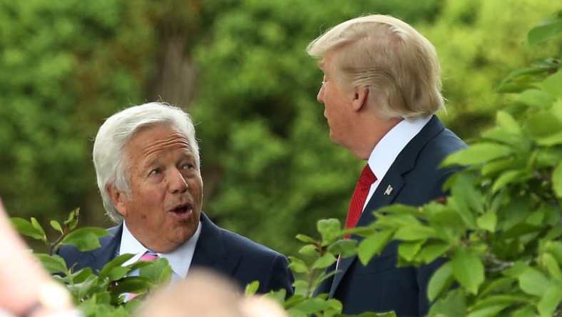 Apr 19, 2017; Washington, DC, USA; New England Patriots owner Robert Kraft (L) talks with President Donald Trump (R) while walking through the Rose Garden to a ceremony honoring the Super Bowl LI champion New England Patriots on the South Lawn at the White House. Mandatory Credit: Geoff Burke-USA TODAY Sports