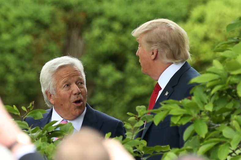 Apr 19, 2017; Washington, DC, USA; New England Patriots owner Robert Kraft (L) talks with President Donald Trump (R) while walking through the Rose Garden to a ceremony honoring the Super Bowl LI champion New England Patriots on the South Lawn at the White House. Mandatory Credit: Geoff Burke-USA TODAY Sports