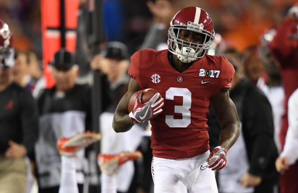 Caption: Jan 9, 2017; Tampa, FL, USA; Alabama Crimson Tide wide receiver Calvin Ridley (3) runs the ball during the second quarter against the Clemson Tigers in the 2017 College Football Playoff National Championship Game at Raymond James Stadium. Mandatory Credit: John David Mercer-USA TODAY Sports