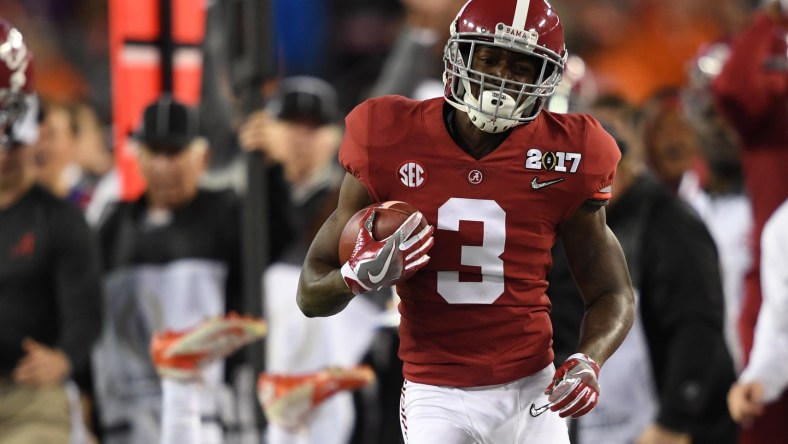 Caption: Jan 9, 2017; Tampa, FL, USA; Alabama Crimson Tide wide receiver Calvin Ridley (3) runs the ball during the second quarter against the Clemson Tigers in the 2017 College Football Playoff National Championship Game at Raymond James Stadium. Mandatory Credit: John David Mercer-USA TODAY Sports