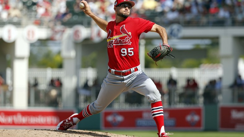 Feb 27, 2017; Fort Myers, FL, USA; St. Louis Cardinals pitcher Daniel Poncedeleon (95) throws a pitch during the fourth inning against the Boston Red Sox at JetBlue Park. Mandatory Credit: Kim Klement-USA TODAY Sports