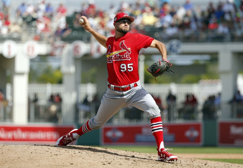 Feb 27, 2017; Fort Myers, FL, USA; St. Louis Cardinals pitcher Daniel Poncedeleon (95) throws a pitch during the fourth inning against the Boston Red Sox at JetBlue Park. Mandatory Credit: Kim Klement-USA TODAY Sports