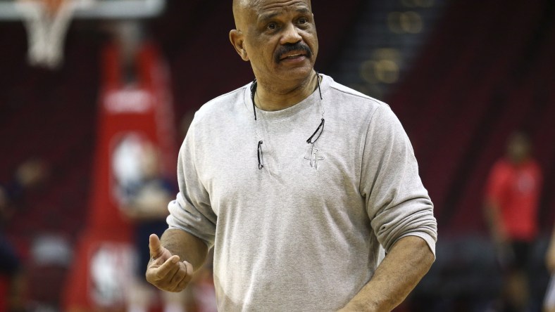 Caption: Feb 27, 2017; Houston, TX, USA; Houston Rockets coach and former player John Lucas reacts before a game against the Indiana Pacers at Toyota Center. Mandatory Credit: Troy Taormina-USA TODAY Sports