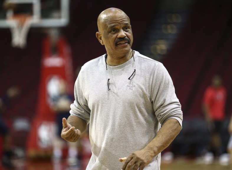 Caption: Feb 27, 2017; Houston, TX, USA; Houston Rockets coach and former player John Lucas reacts before a game against the Indiana Pacers at Toyota Center. Mandatory Credit: Troy Taormina-USA TODAY Sports