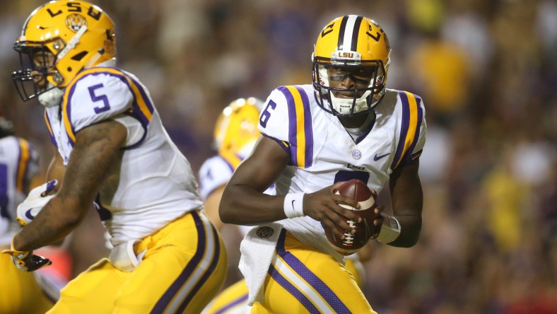 Sep 10, 2016; Baton Rouge, LA, USA; LSU Tigers quarterback Brandon Harris (6) looks to pass the ball in the first quarter against the Jacksonville State Gamecocks at Tiger Stadium. Mandatory Credit: Crystal LoGiudice-USA TODAY Sports