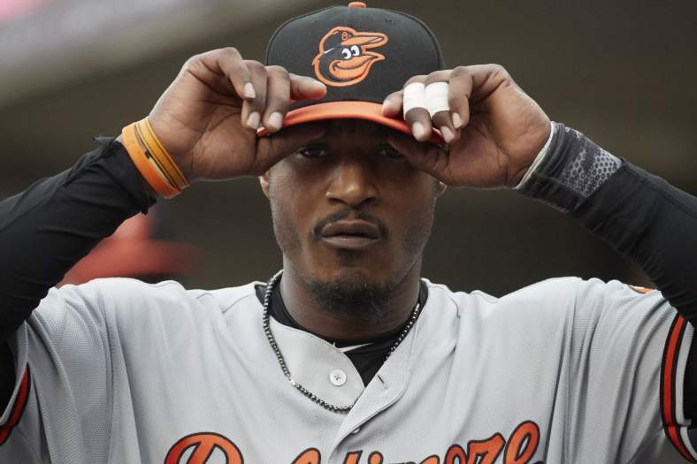 May 17, 2017; Detroit, MI, USA; Baltimore Orioles center fielder Adam Jones (10) in the dugout prior to the game against the Detroit Tigers at Comerica Park. Mandatory Credit: Rick Osentoski-USA TODAY Sports