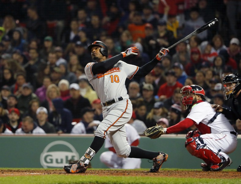 May 1, 2017; Boston, MA, USA; Baltimore Orioles center fielder Adam Jones (10) follows through during the sixth inning against the Boston Red Sox at Fenway Park. Mandatory Credit: Winslow Townson-USA TODAY Sports